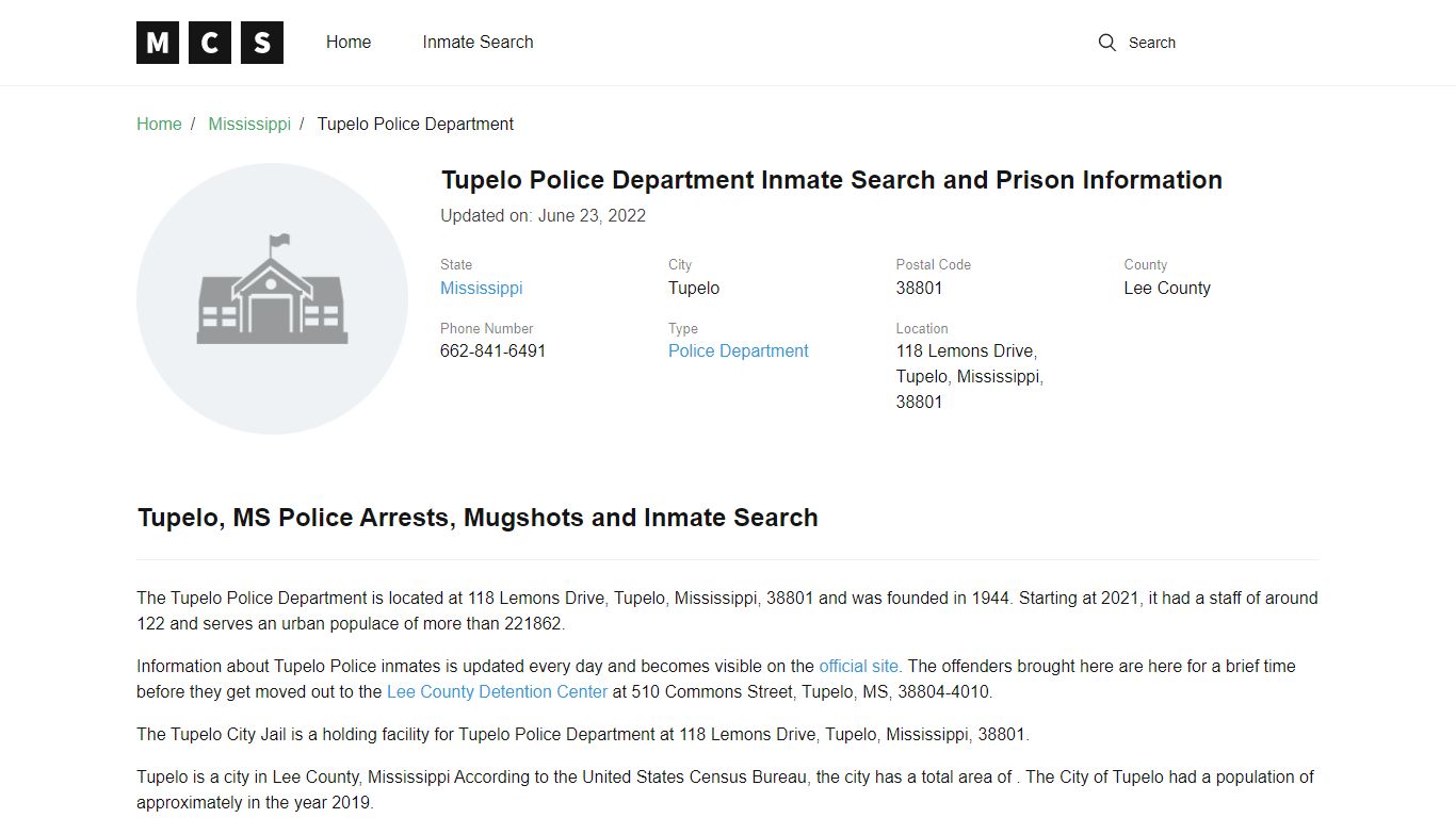 Tupelo Police Department Inmate Search and Prison Information